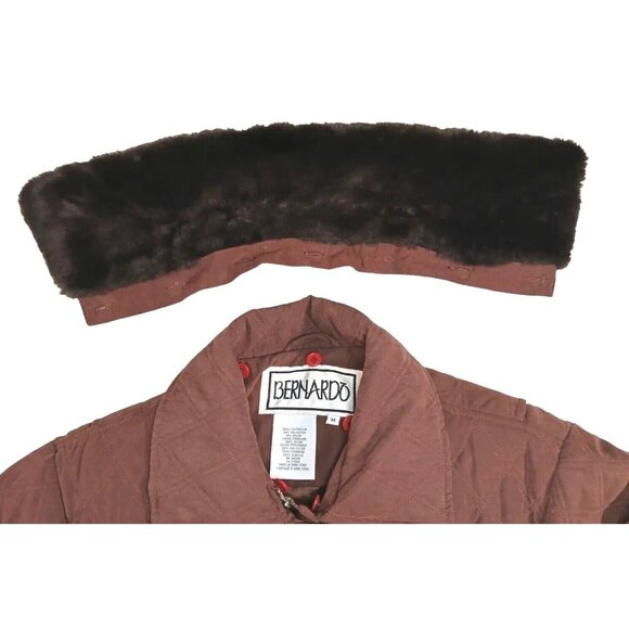 Vintage BERNARDO Faux Fur Removable Collar Quilted Coat Size M Brown - Picture 8 of 13